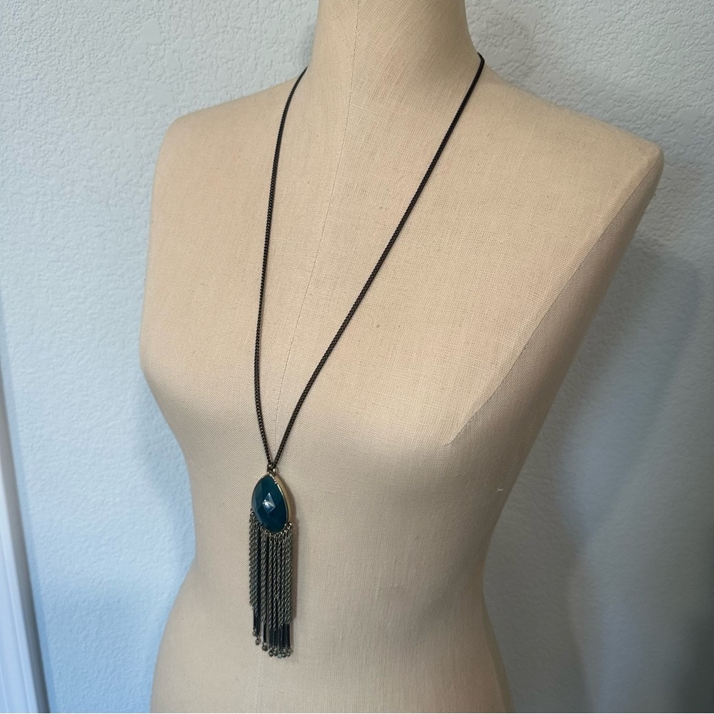 LOFT Teal Faceted Stone & Gunmetal Tassel Long Pendant Necklace